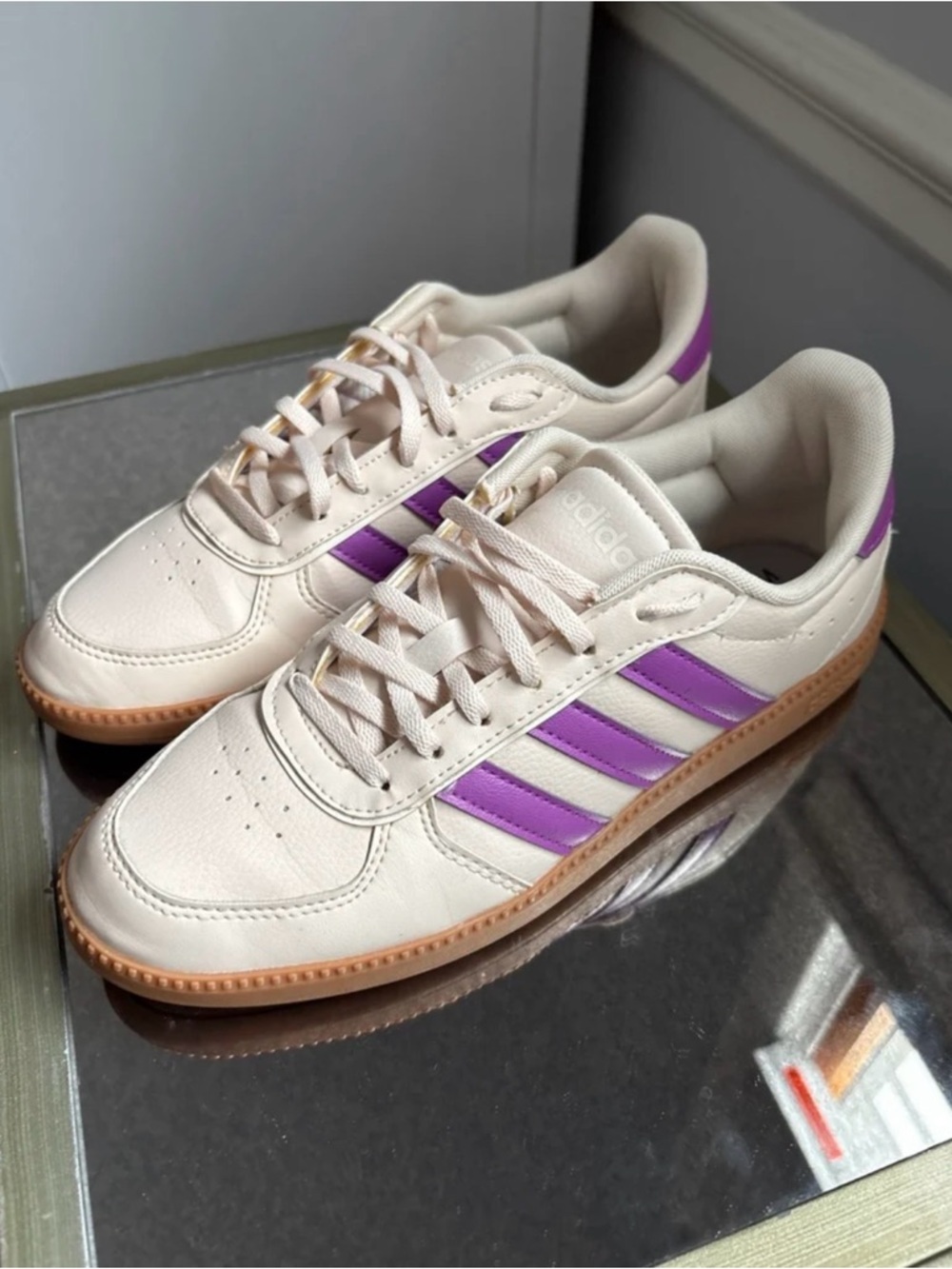 adidas Cream Sneakers with Purple Stripes